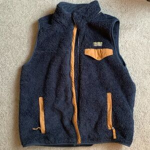 L.L. Bean Mens Vest Blue Brown Sherpa Fuzzy Collar Medium Broken Zipper